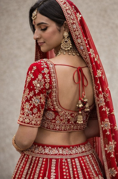 Red Bridal Lehenga Choli with Heavy Gold Embroidery