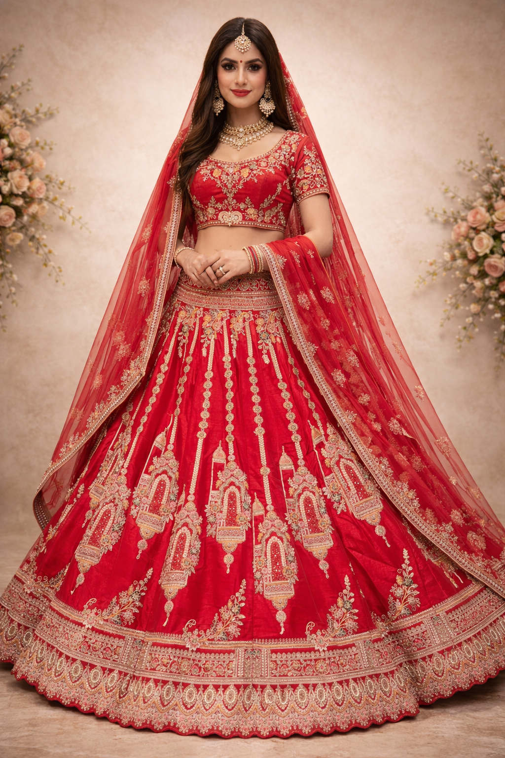 Red Bridal Lehenga Choli with Heavy Gold Embroidery
