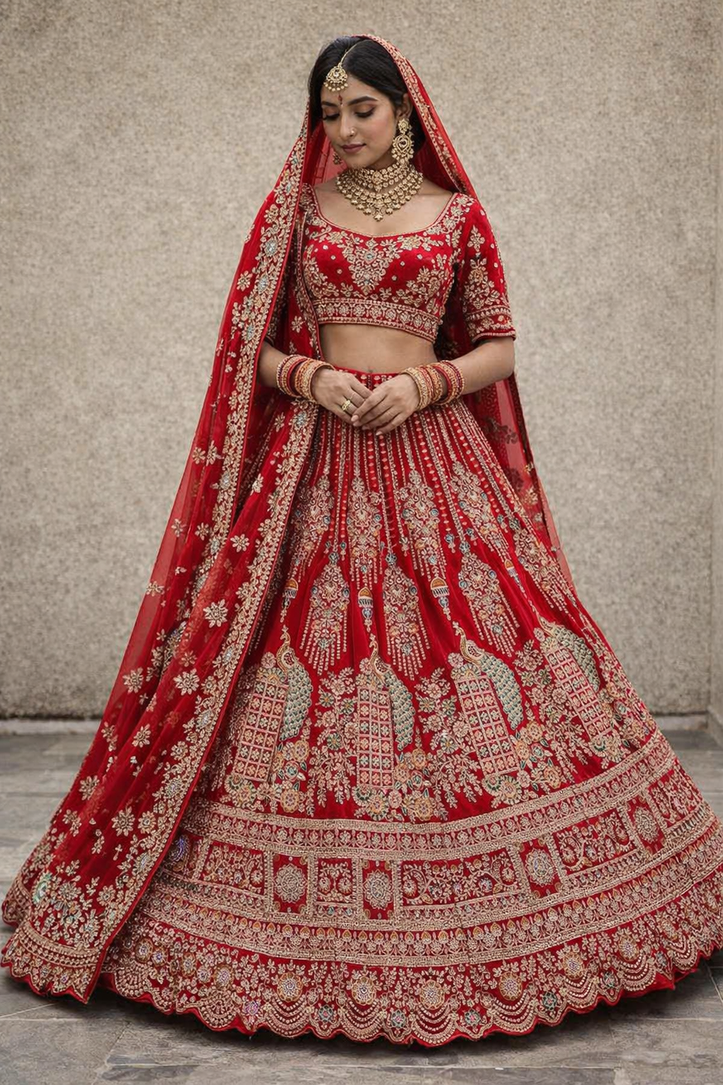 Red Bridal Lehenga Choli with Heavy Gold Embroidery