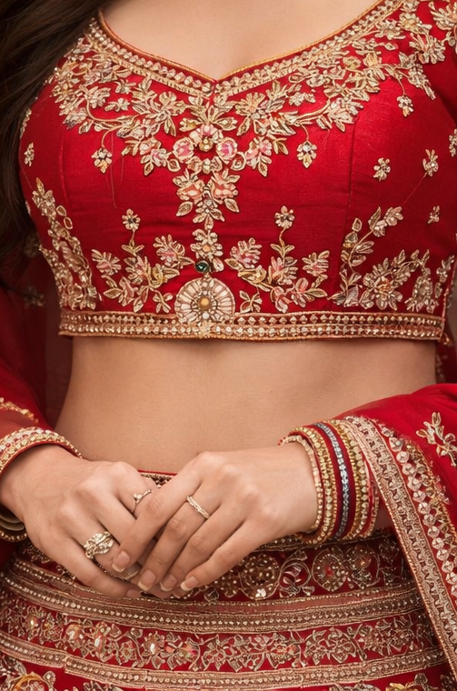Red Bridal Lehenga Choli with Heavy Gold Embroidery