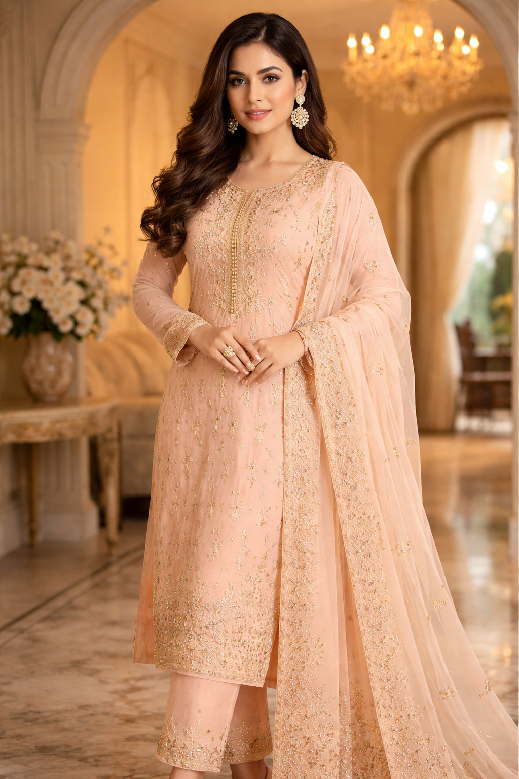 Peach Embroidered Designer Suit Set with Soft Net Dupatta
