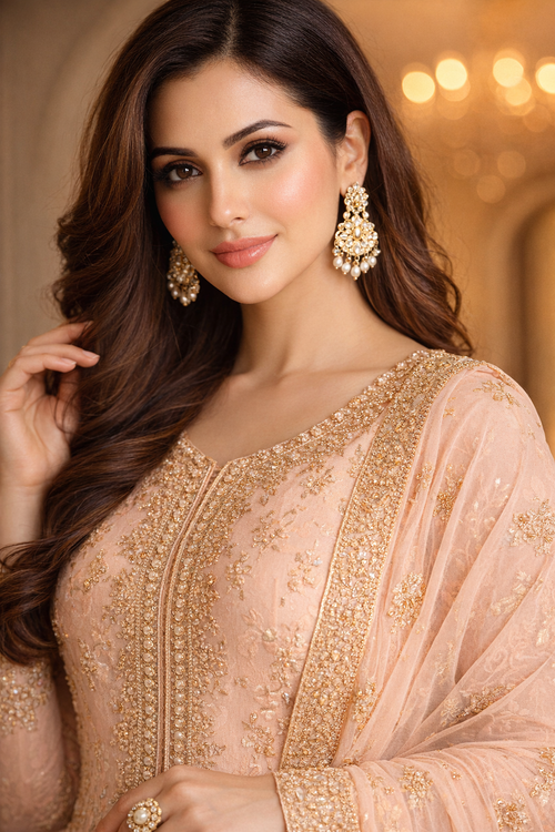 Peach Embroidered Designer Suit Set with Soft Net Dupatta