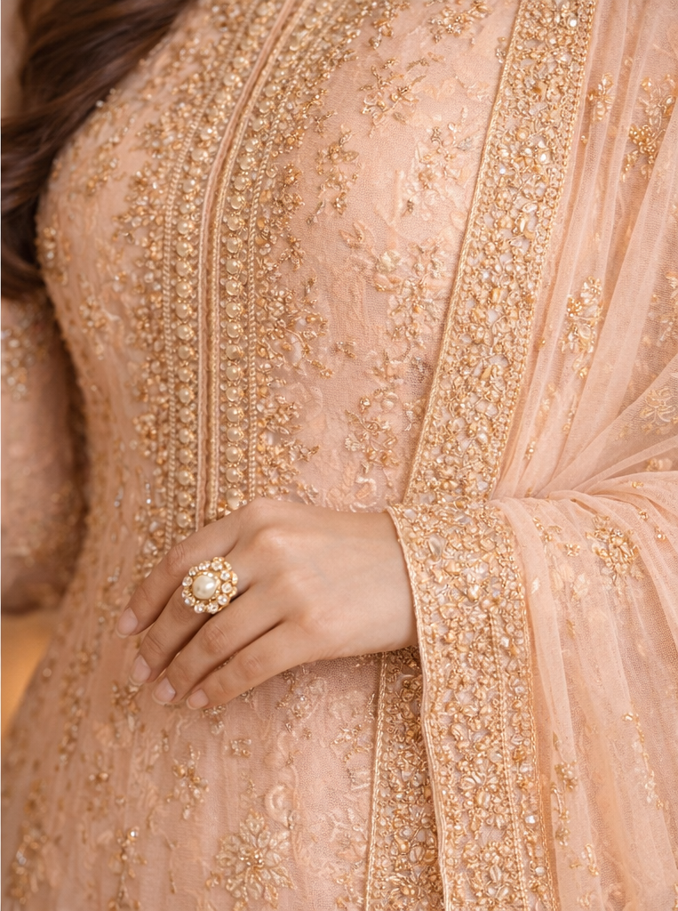 Peach Embroidered Designer Suit Set with Soft Net Dupatta