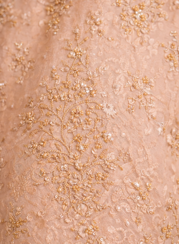 Peach Embroidered Designer Suit Set with Soft Net Dupatta