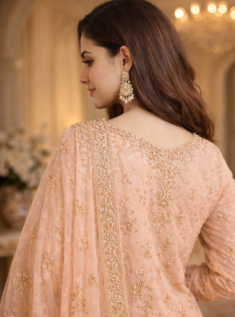 Peach Embroidered Designer Suit Set with Soft Net Dupatta