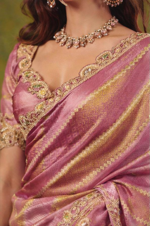 Mauve Pink Woven Designer Saree with Embellished Border