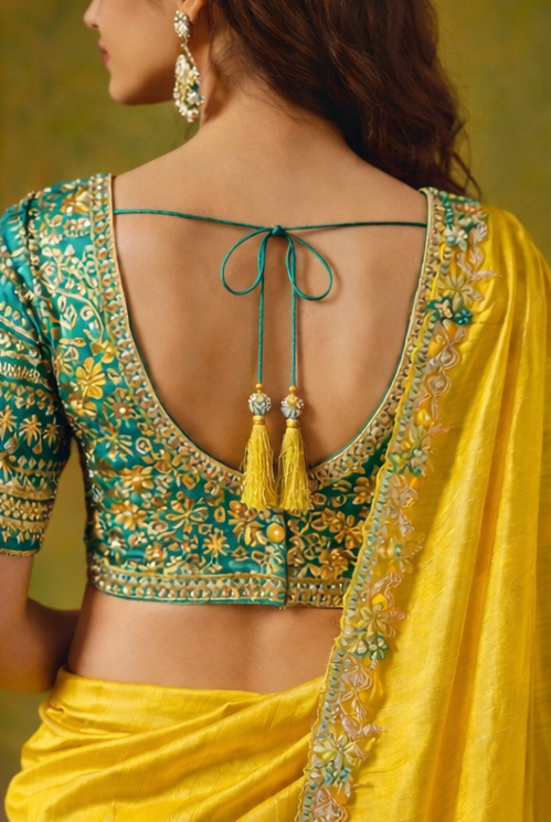 Mustard Yellow Designer Saree with Teal Embroidered Blouse