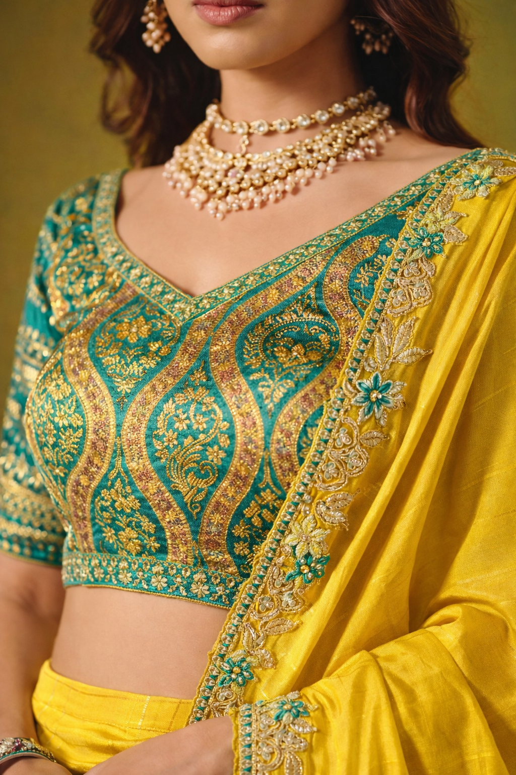 Mustard Yellow Designer Saree with Teal Embroidered Blouse