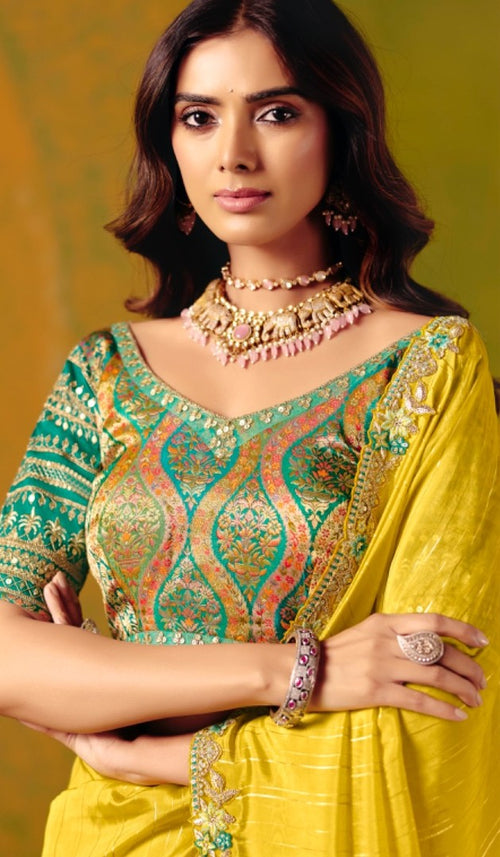Mustard Yellow Designer Saree with Teal Embroidered Blouse