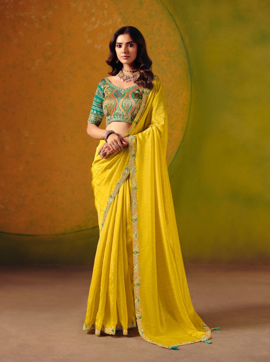 Mustard Yellow Designer Saree with Teal Embroidered Blouse
