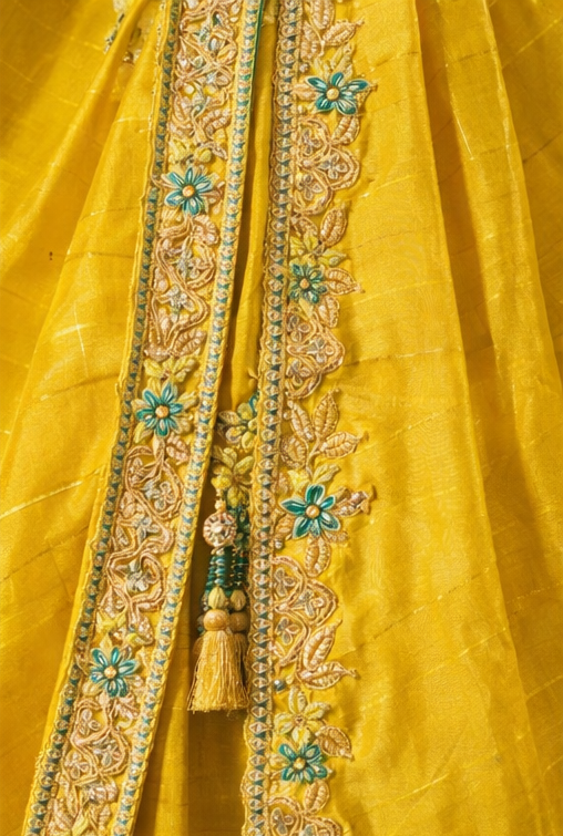 Mustard Yellow Designer Saree with Teal Embroidered Blouse