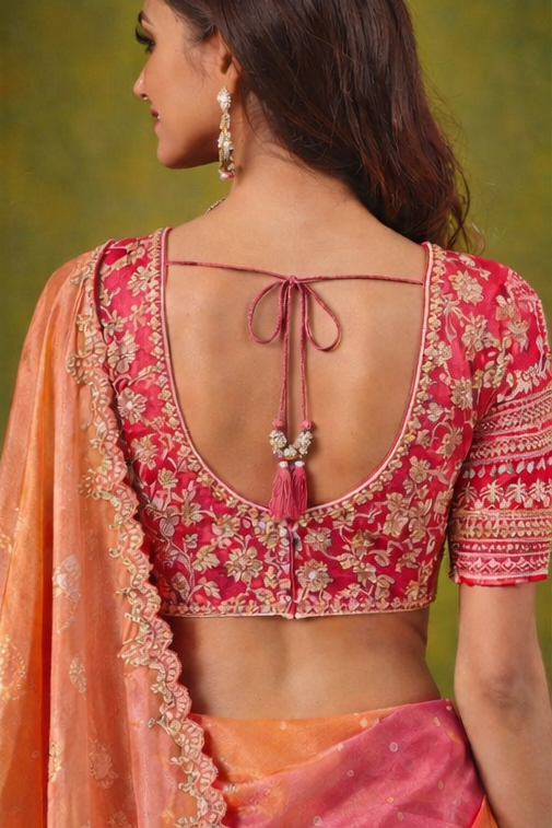 Pink & Orange Embroidered Designer Saree with Blouse