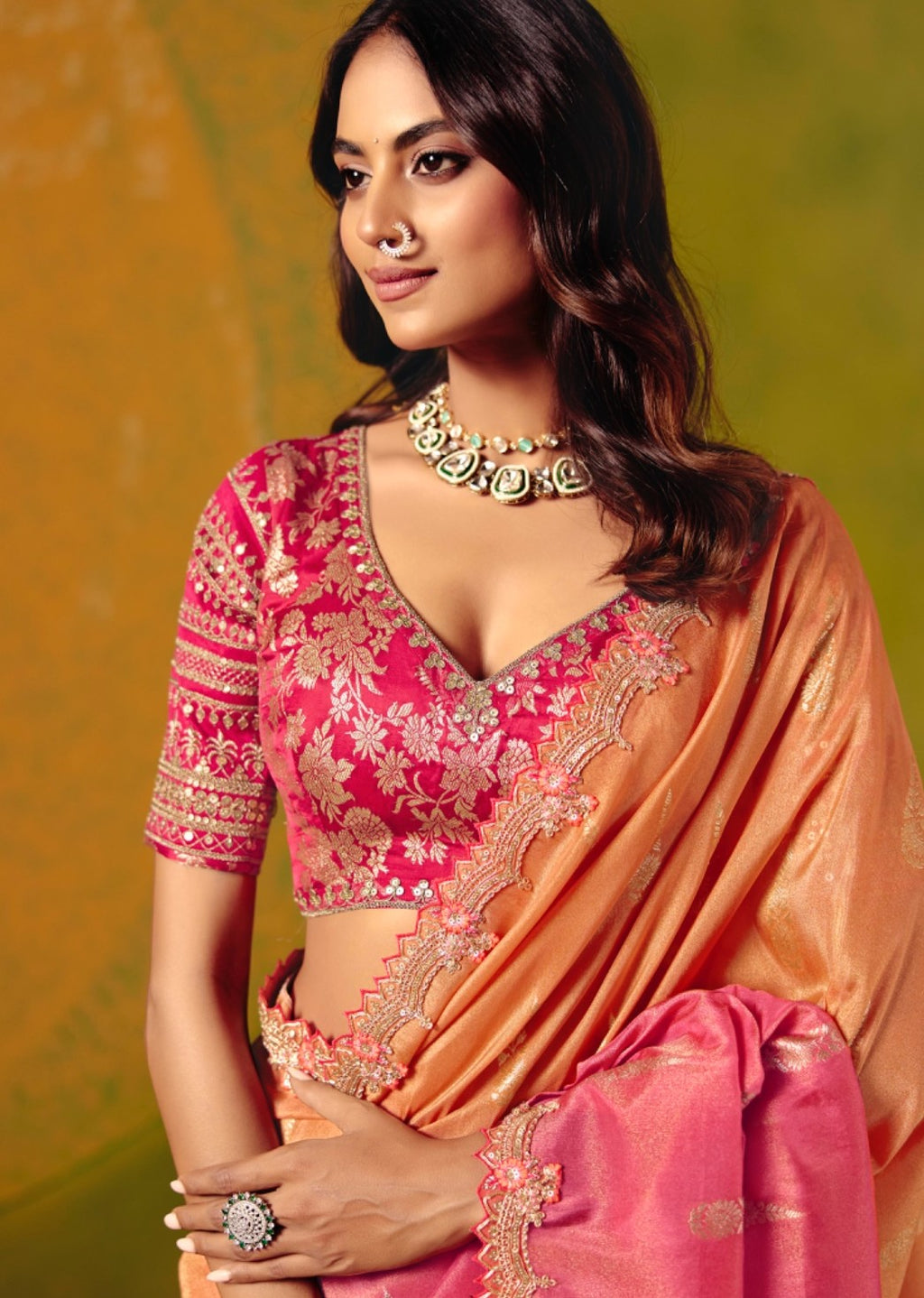 Pink & Orange Embroidered Designer Saree with Blouse