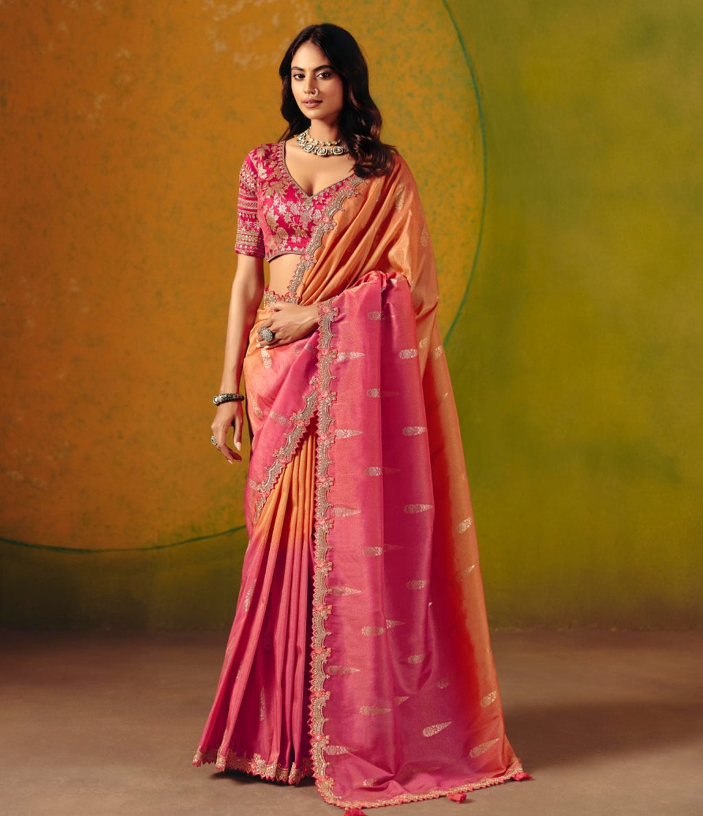 Pink & Orange Embroidered Designer Saree with Blouse
