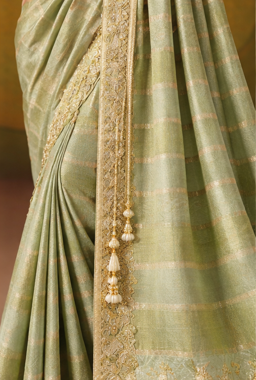 Sage Green Designer Saree with Gold Embroidered Border